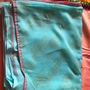 Sky Blue Saree With Golden Print