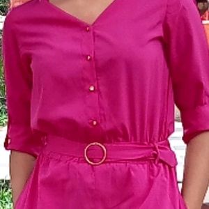 Hot Pink Jumpsuit With Golden Belt And Buttons