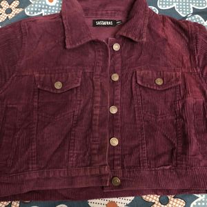 Women Burgundy Corduroy Crop Jacket