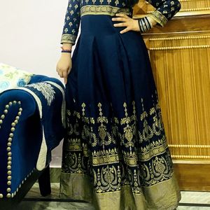 Blue & Golden Anarkali Long Kurti For Wedding