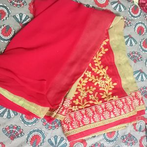 Coral Pink And Sage Green Saree With Blouse