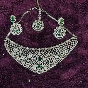 AD Stone Necklace With Earring And Mangtika