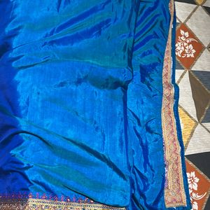 Peacock Blue Saree With Pink Border ( No Blouse )