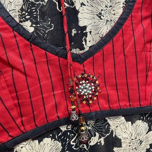 Black Flower Red Printed Saree With Blouse