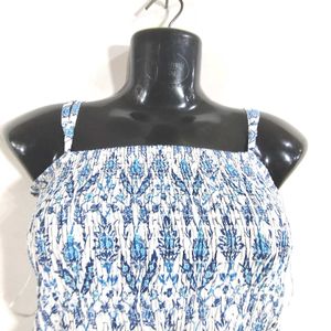 White With Blue Floral Print Dress (Women's)