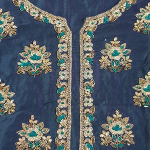 Fine Work Blue Kurta Set With Brocade Dupatta