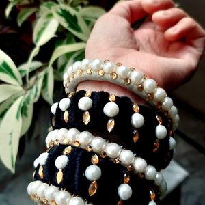 Black Velvet White Pearl Trending Bangles Set Of 5