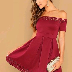 Off Shoulder Laser Cut Fit and Flare Dress