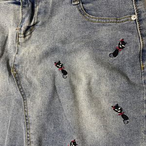 Ginger-Kitty Embroidery Denim Skirt