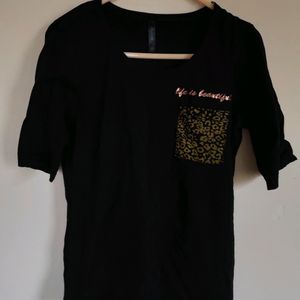 Black 3/4th Sleeves Tshirt For Women -S
