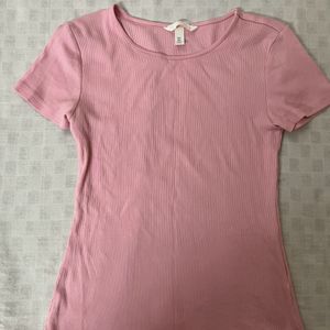 H&M Ribbed Pink Tshirt For Women