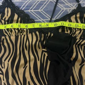 Animal Print Golden & Black Nighty Set With Frill