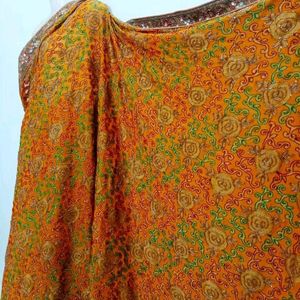 Mustard Banarasi Fabric Embroidery Work Saree