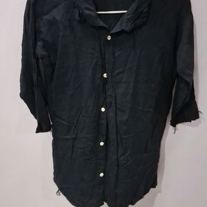 Black Cotton Shirt With Elbow Leghth Sleeves