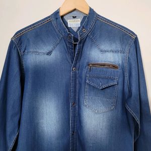 Gssture Denim Casual Shirt With Mandarin Collar