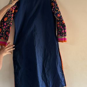 Women Blue Embroidered Cotton Kurta