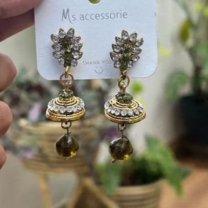 Green-gold With Wite Stones Earring (hanging)