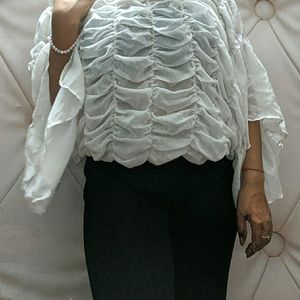 White Ruffled Net Top