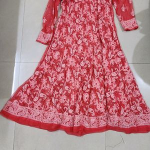 Beautiful Chikan Anarkali Rust Red Kurta