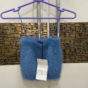 cute furry blue crop top zara