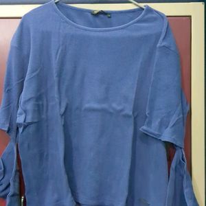 Blue Ribbed Full Tshirt With Cut Sleeves Design