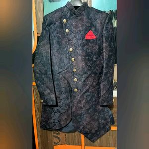 Men Black & Beige Ethnic Mofit Printed Sherwani