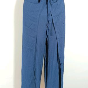 Navy Blue Plain Front Knot Wide Leg Pant(Women)