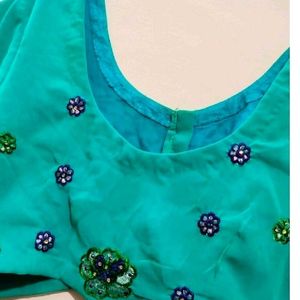 Sea Green Saree With Blouse & Peticot