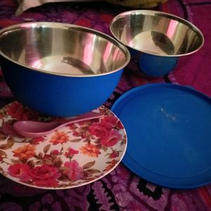 Two Big Steal Bowls, Spoon And Plate