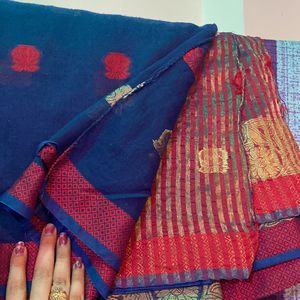 Cotten Saree Dark Blue Golden Work Red Border Red Flower Printed Work