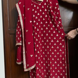 Zardozi Embroidered Pure Silk Red Suit, Churidhar