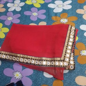 Red Saree With Stiched Blouse