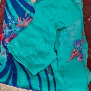 Saree With Blouse (Cyan )