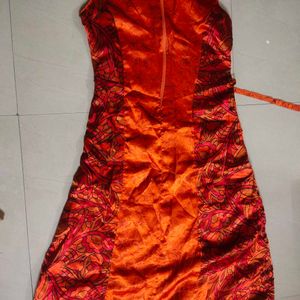 Orange Satin Gown For Women With Light Floral