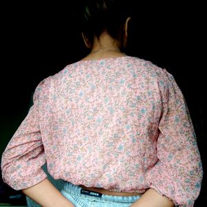 Ruched Crop Top (Pastle Green And Floral Print)