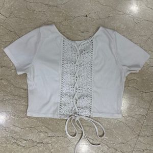 Back Drawstring White Lacy Top