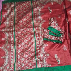 Art Silk Saree With Readymade 42 Size Blouse