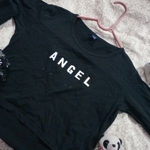 Girls Black Crop Top With Angel Written On It.