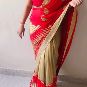 Party Wear Saare Combination Of Golden & Red