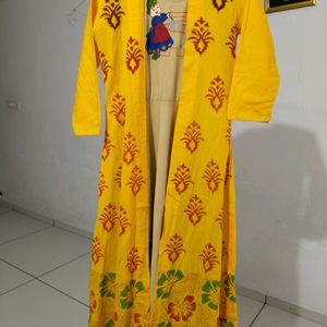 Cream And Yellow Colour Printing Gaun