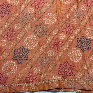 Orange Ornamental Print Kurta Trouser Dupatta (XL)