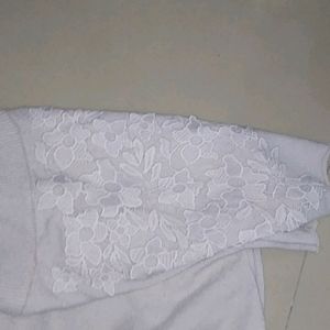 White Plain Embroidered Sleeved Top