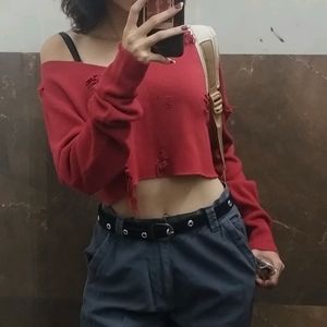 Red Woolen Distressed Crop Top