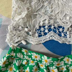 Women White Crop Top And Green Printed Skirt