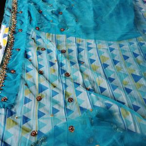 Greenish Blue Colour Net Saree