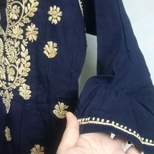 Navy Blue Chikankari Cotton Straight Kurta