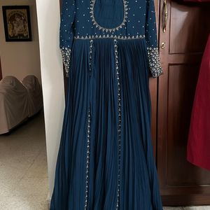 Navy Blue Ethnic Gown, Gold/Pearl Embroidery