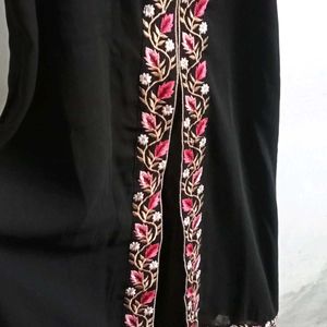 Black Kurta Set With Pink Embroidery & Front Slit