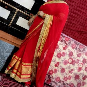 Heavy Foil Print Pure Georgette Banarasi Red Saree