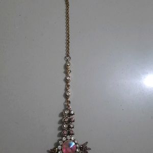 Pink Gold Diamond Necklace With Mang Tikka And Cha